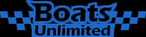 Boats Unlimited logo in blue with checkered flag design
