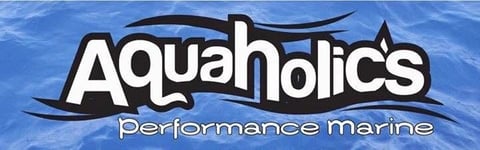 Aquaholics Performance Marine logo with white text on blue water background