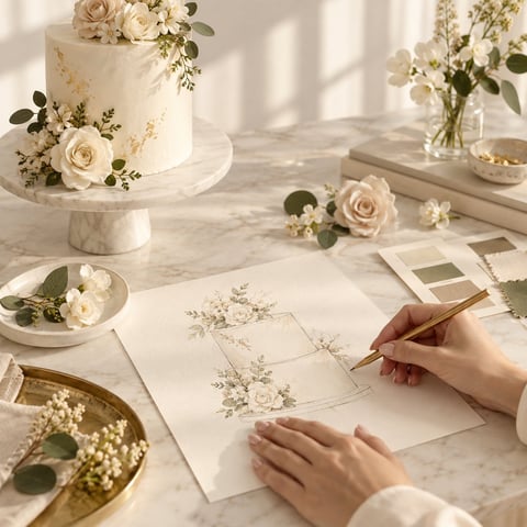 Person sketching floral designs at marble table with decorated wedding cake, fresh flowers, and gold accessories