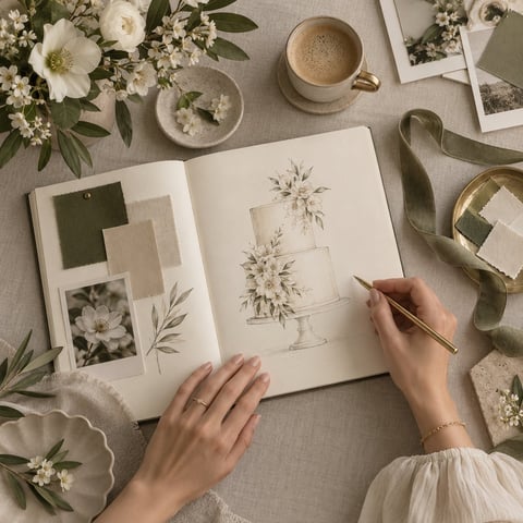 Person sketching botanical floral drawings in a notebook surrounded by flowers, coffee, photos, and aesthetic flat lay elements