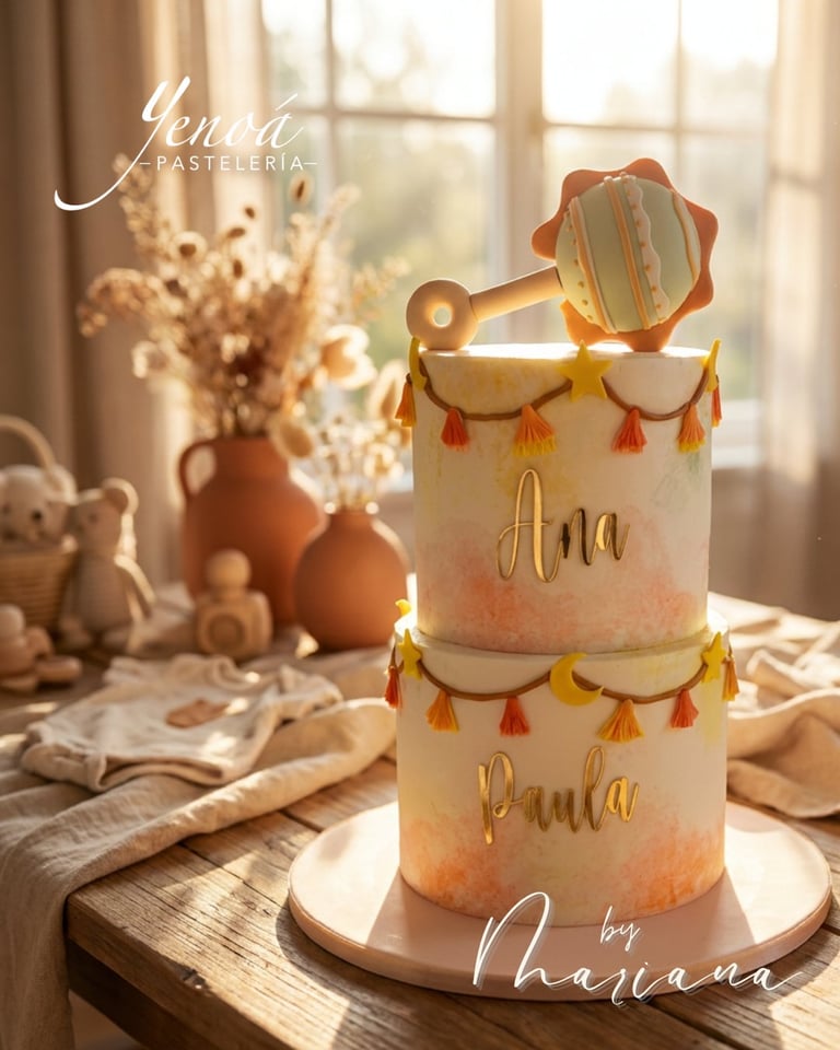 Pastel decorado de dos pisos con nombres en dorado, borlas coloridas y un abanico decorativo en la parte superior