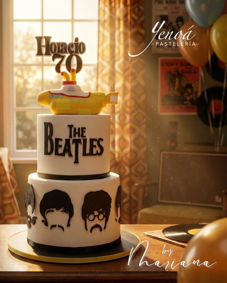 Three-tiered Beatles-themed birthday cake with yellow rubber duck topper, displayed in an elegant window setting