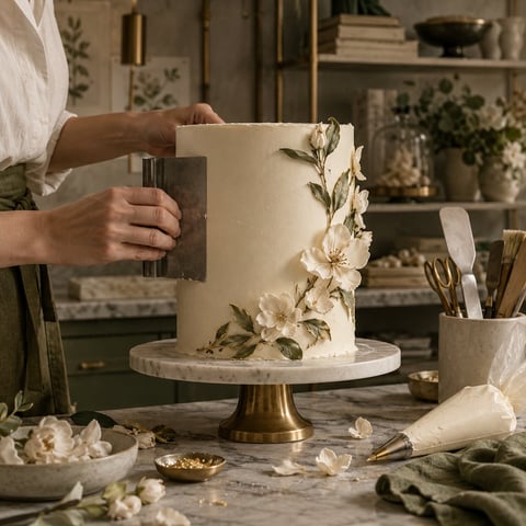 Baker decorating a tiered wedding cake with dried flowers and greenery in an elegant kitchen workspace
