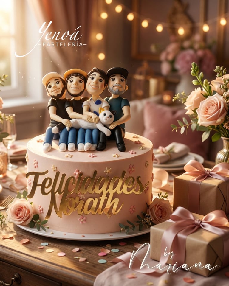 Elegant two-tier birthday cake with four fondant figurines on top, pink frosting, gold lettering reading Felicidades Nataih, surrounded by roses, gifts, and festive decor
