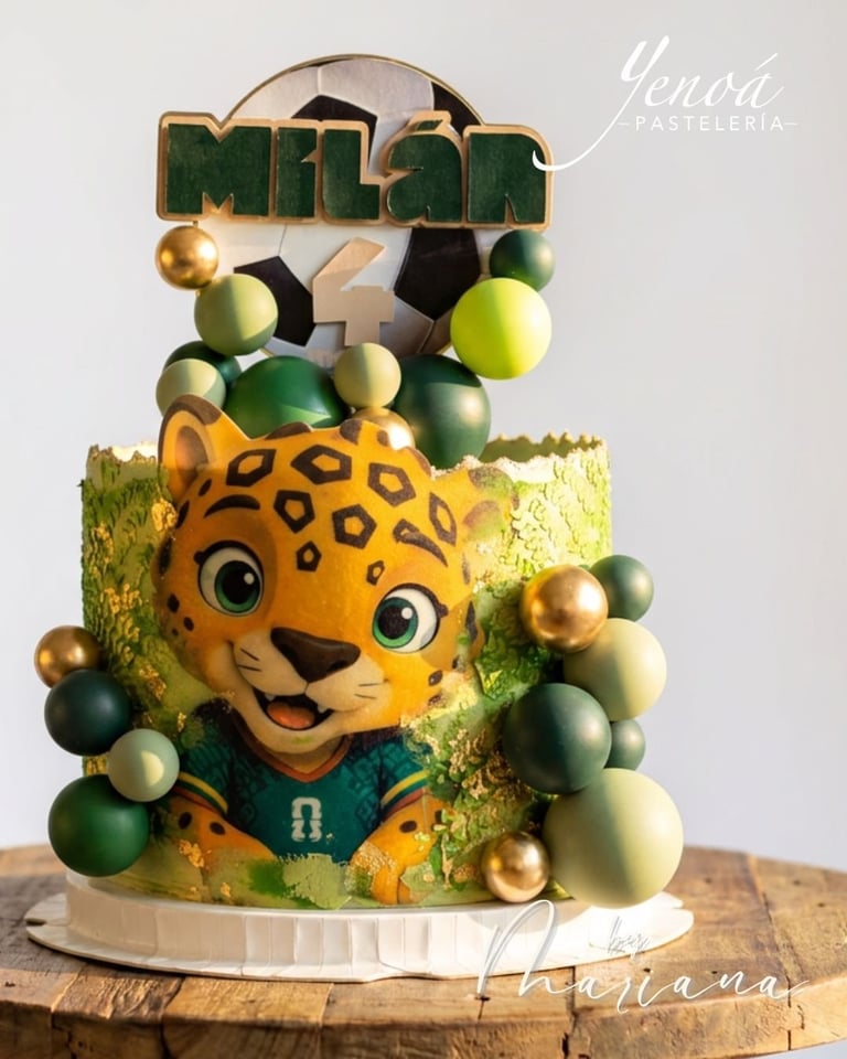 Pastel decorativo con figura de jaguar amarillo, betún verde, esferas coloridas y decoración con el texto Milán