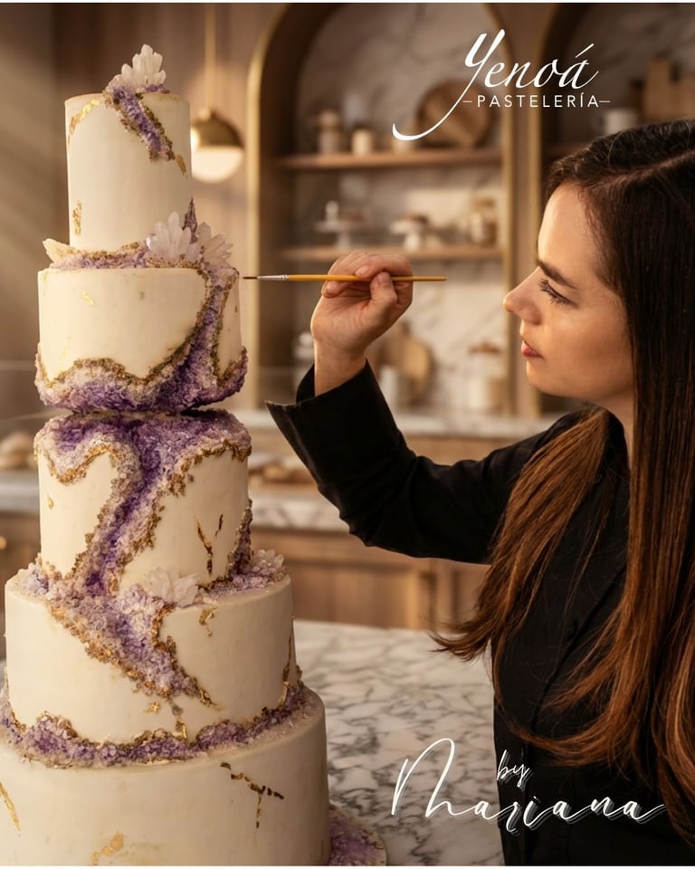 Pastry chef decorating a five-tiered white wedding cake with purple floral details at Genoa Pasteleria