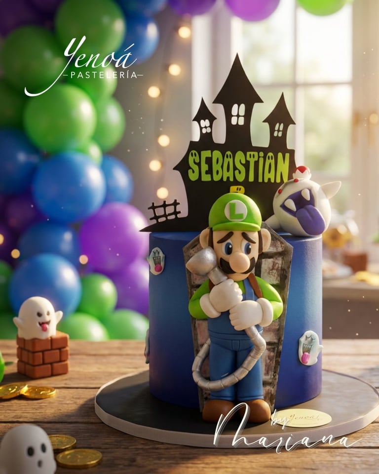 Decorated haunted castle cake with Luigi figurine for Sebastians birthday party, surrounded by colorful balloons and festive decorations