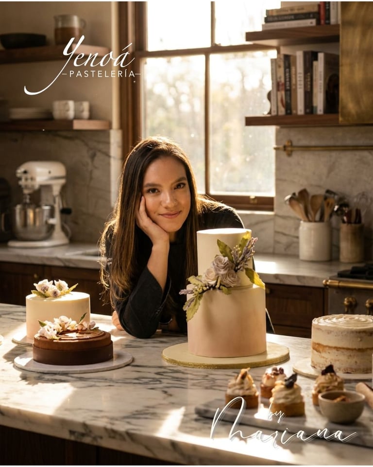 Pastry chef smiling at camera surrounded by decorated cakes in a sunlit bakery kitchen