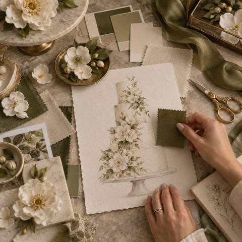 Hands holding botanical wedding invitation sketch surrounded by white flowers, green fabric, and vintage stationery supplies