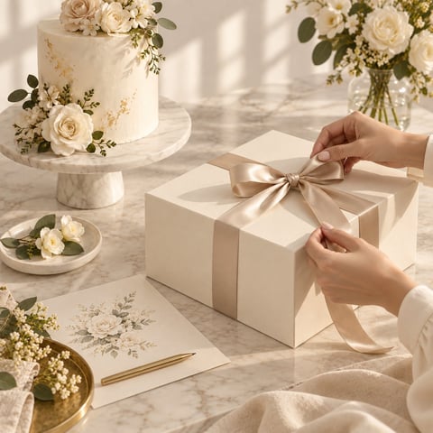 Person tying a champagne ribbon bow on a cream gift box surrounded by decorated cake, flowers, and elegant wedding styling