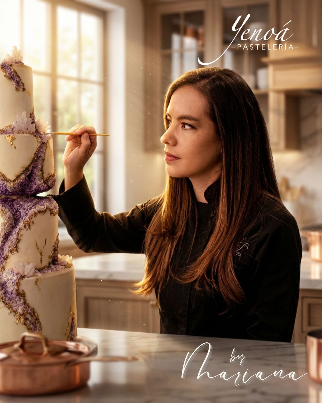 Pastry chef decorating an ornate purple and white tiered cake in a bright kitchen studio