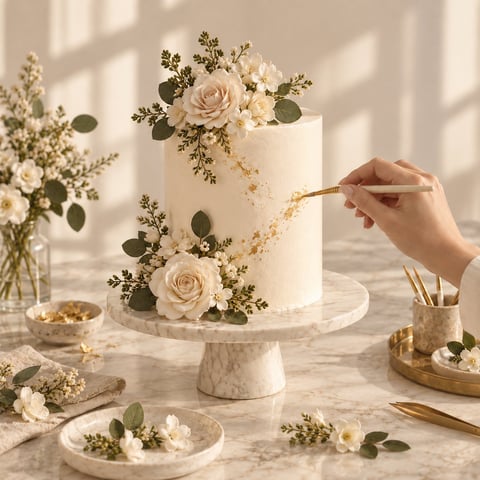 A baker hand-decorating a white tiered wedding cake with blush roses and greenery on a marble cake stand