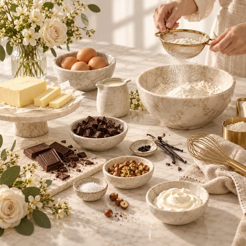 Baking ingredients and tools arranged on marble surface with fresh flowers, including flour, eggs, chocolate, and mixing bowls