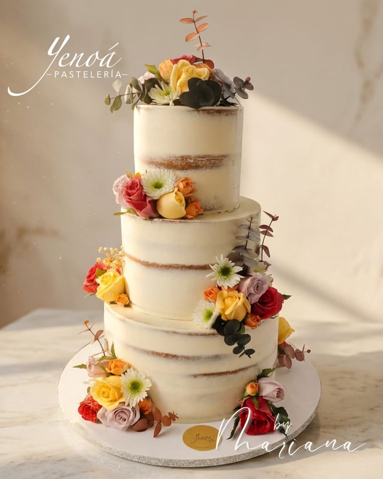 Pastel de boda de varios pisos con betún blanco, flores frescas coloridas y acentos de vegetación de Yenoá Pastelería
