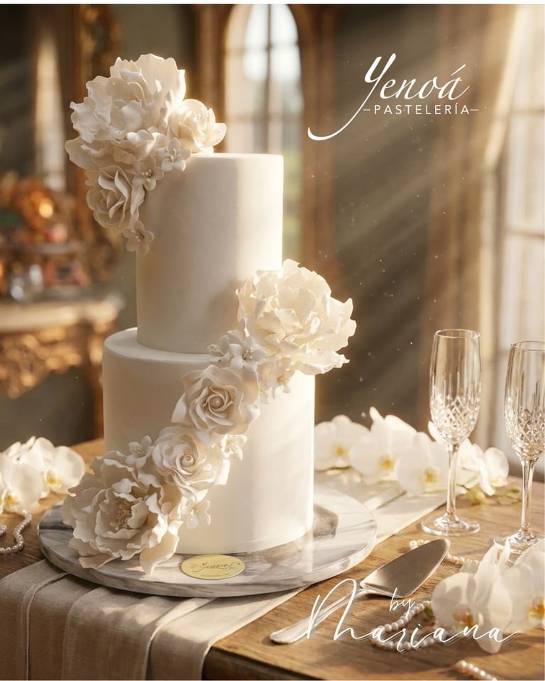 Pastel de boda de dos pisos blanco decorado con peonias y rosas color crema sobre una mesa con copas de champagne y acentos florales