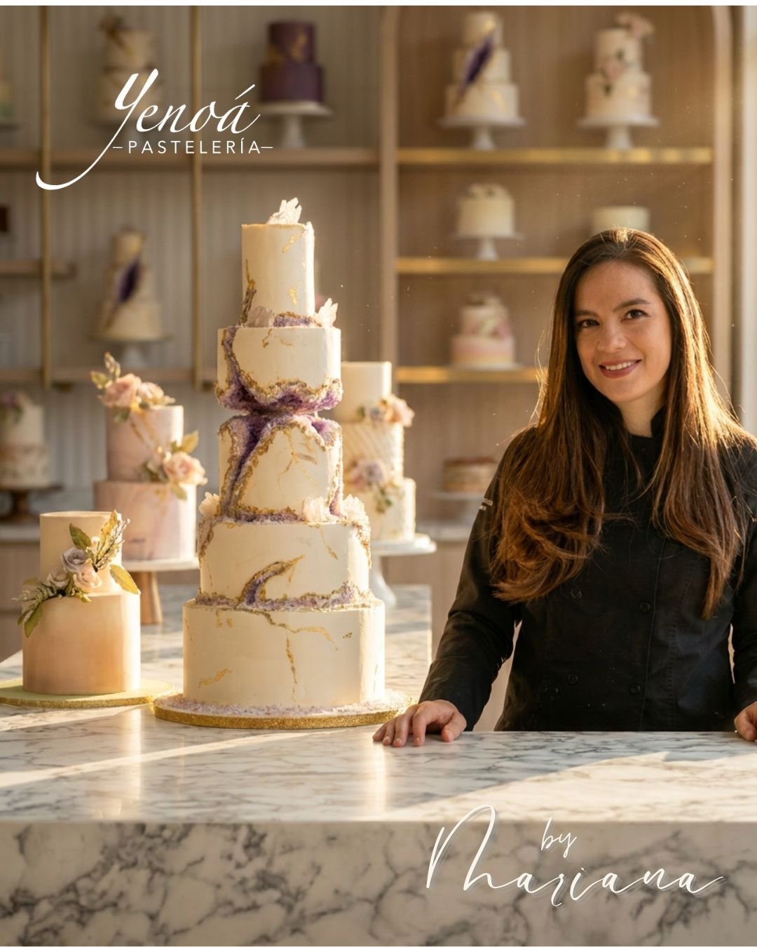 Baker posing with elegant multi-tiered wedding cakes decorated with gold accents and lavender ribbons in a modern pasteleria storefront