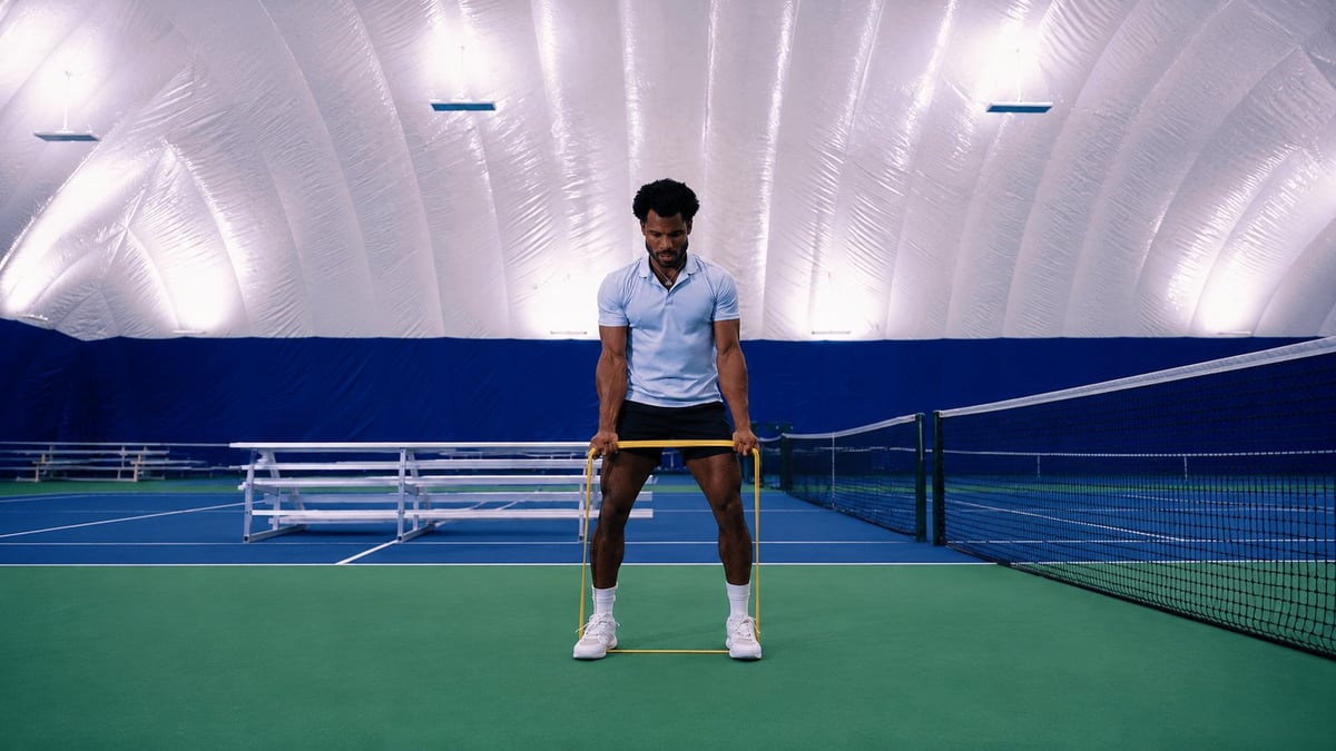 Tennis player in ready position on indoor court with green surface