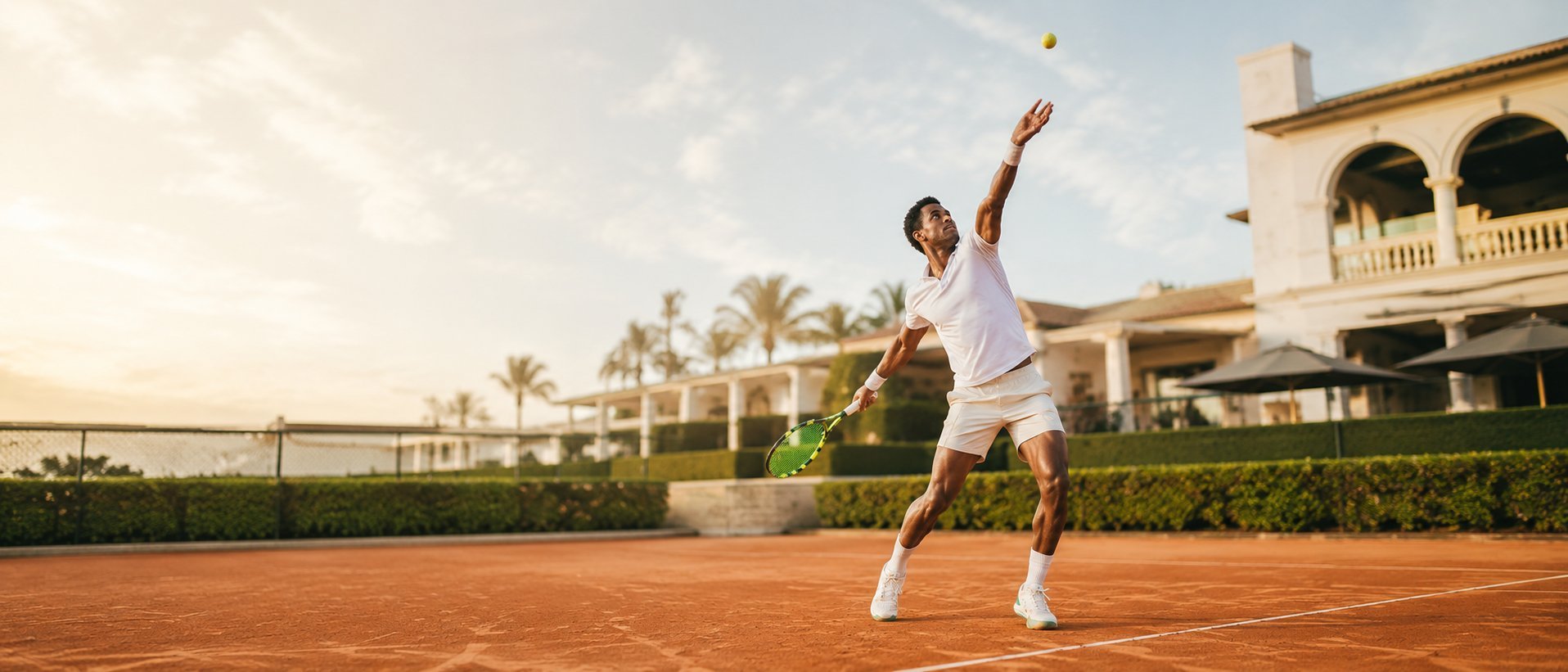 Male tennis player serving on an orange clay court with a luxury villa and palm trees in the background