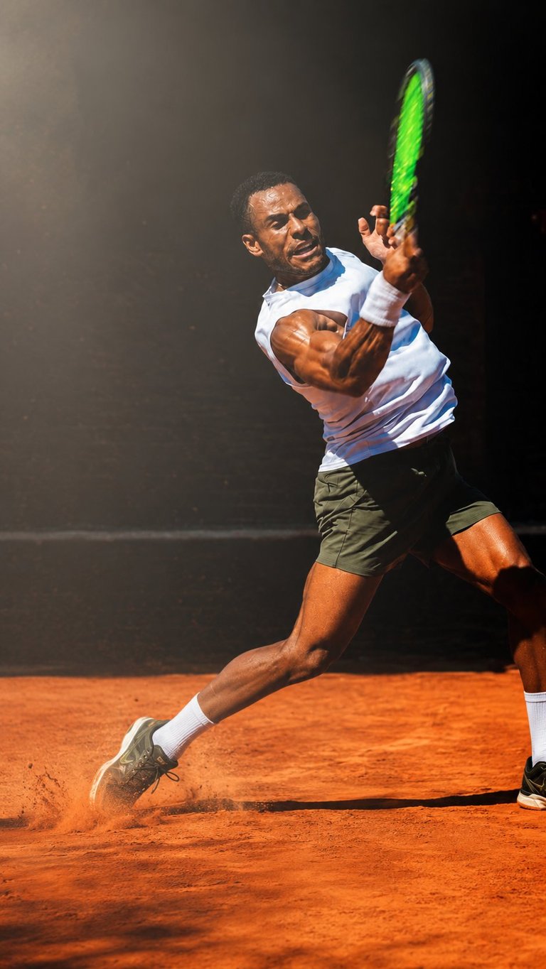 Male tennis player hitting a forehand shot with a green racket on an orange clay court during a match