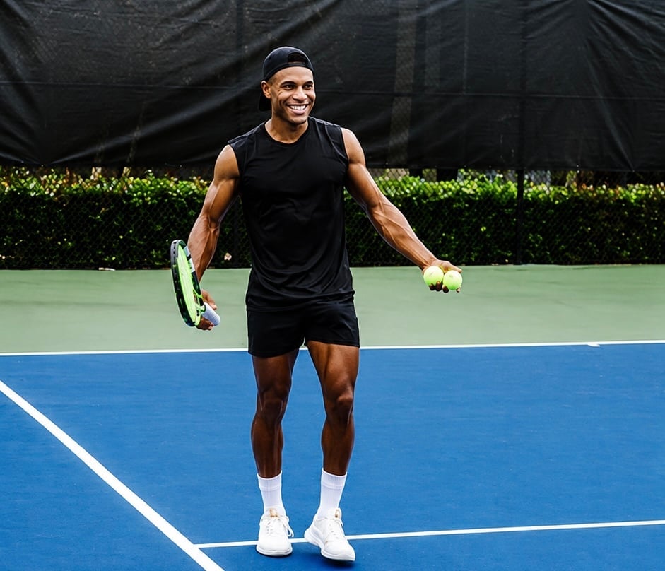 Male tennis player in black attire holding a tennis ball on a blue hard court during a match