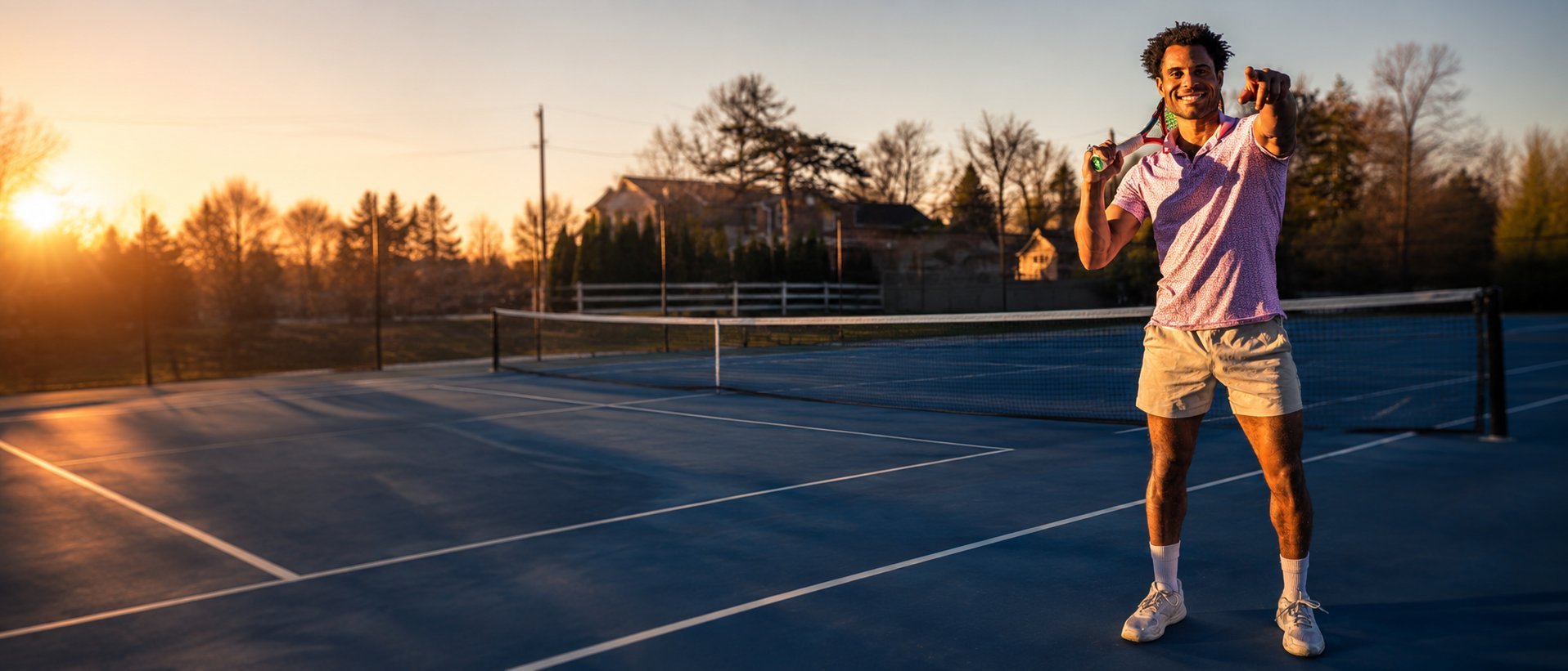 Male tennis player in ready position on outdoor court at sunset with trees in background