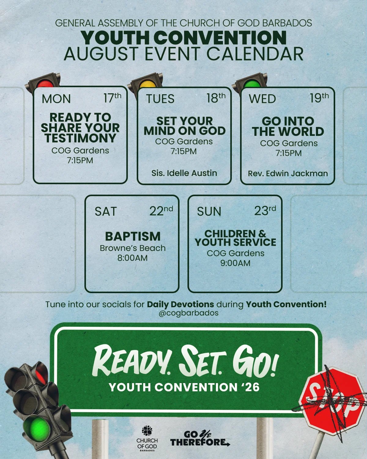 Youth Convention 2026 Ready. Set. Go! August event calendar listing sessions on August 17, 18, 19, 22 and 23.