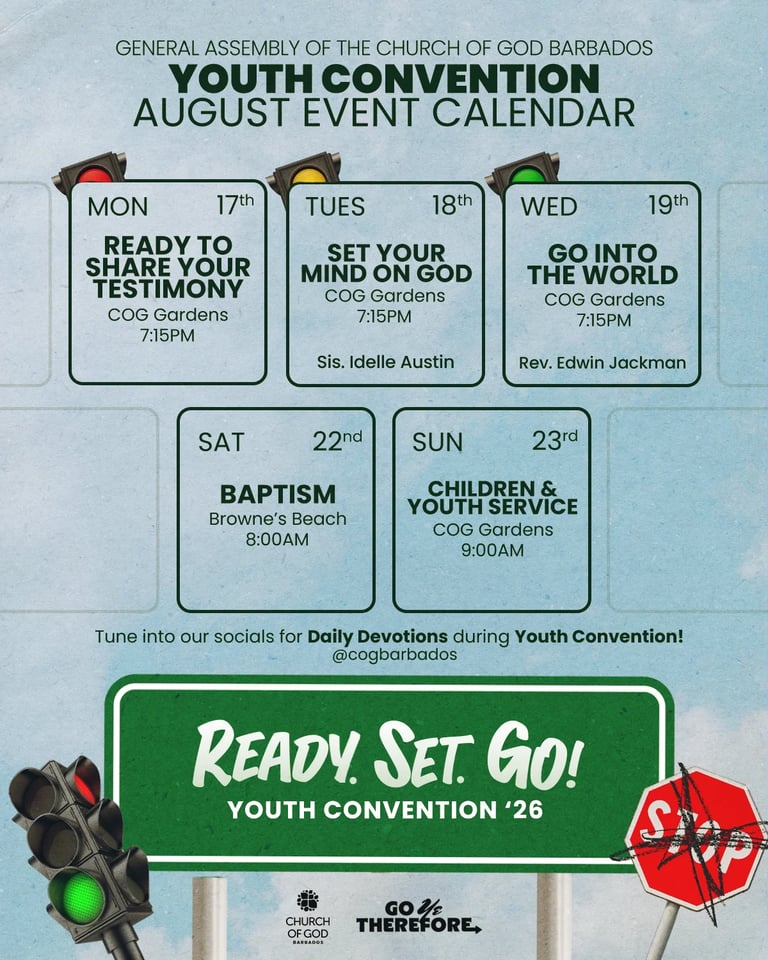 Youth Convention 2026 Ready. Set. Go! August event calendar listing sessions on August 17, 18, 19, 22 and 23.