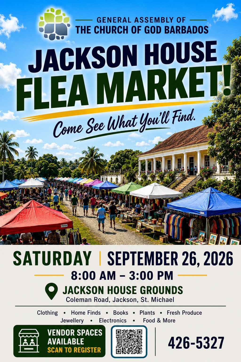 Jackson House Flea Market flyer for Saturday, September 26, 2026 from 8:00 AM to 3:00 PM at Jackson House Grounds, Coleman Road, Jackson, St. Michael, Barbados.