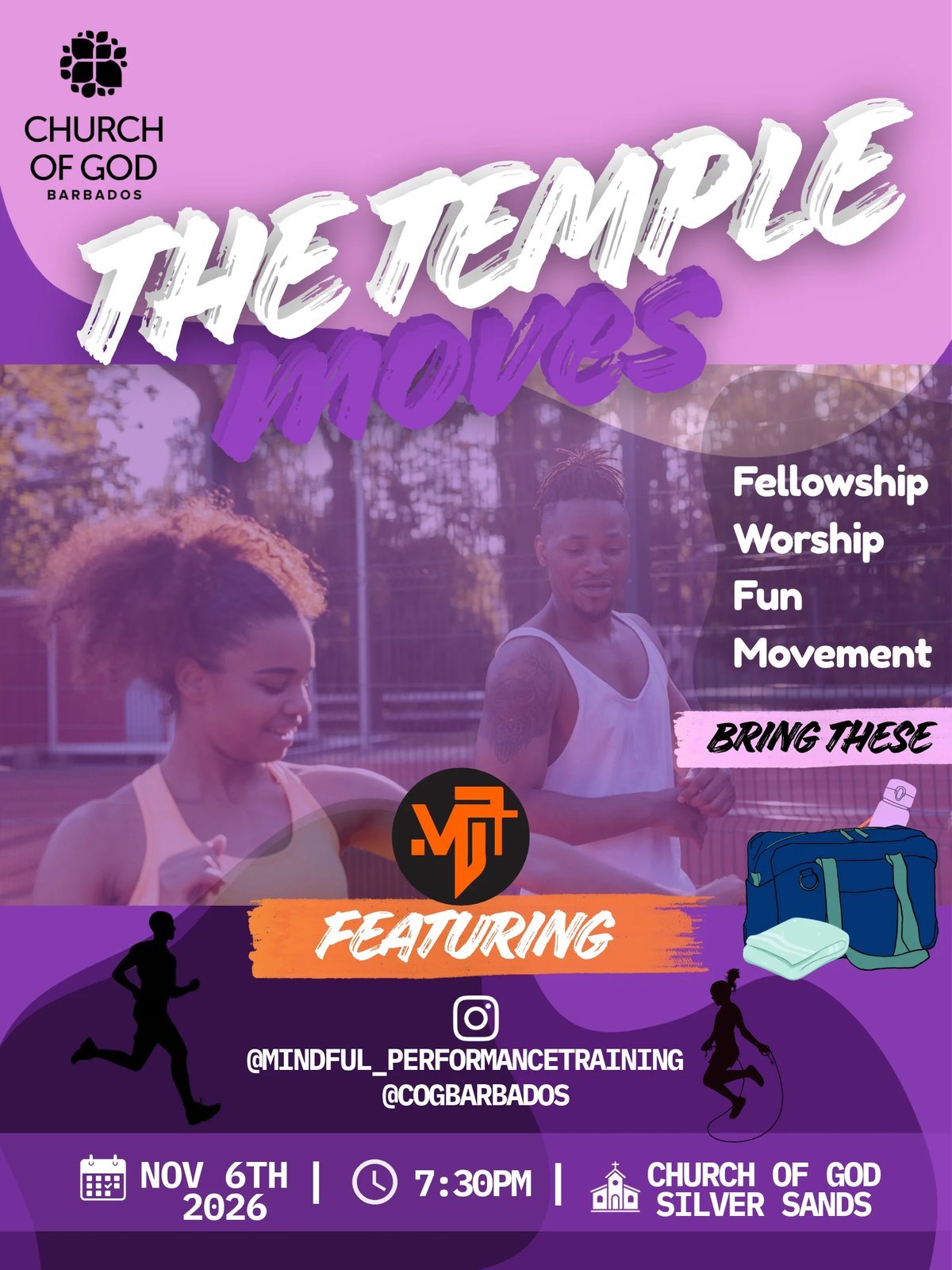THE TEMPLE MOVES! promotional flyer for the National Youth Fellowship event on Friday 6 November 2026 at 7:30 PM at Silver Sands Church of God, featuring fellowship, worship and fitness training with Mindful Performance Training.