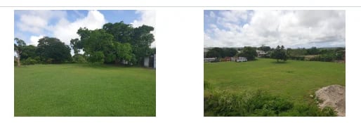 Two side-by-side photos of green fields with trees, hills, and cloudy sky at Jackson House Grounds, St. Michael, Barbados
