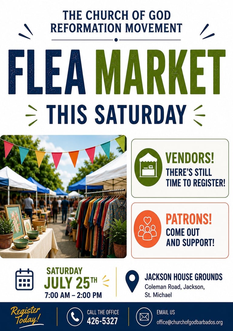 Flea Market flyer for Church of God Reformation Movement on Saturday July 25th from 7am-2pm at Jackson House Grounds, featuring vendor registration and patron support information