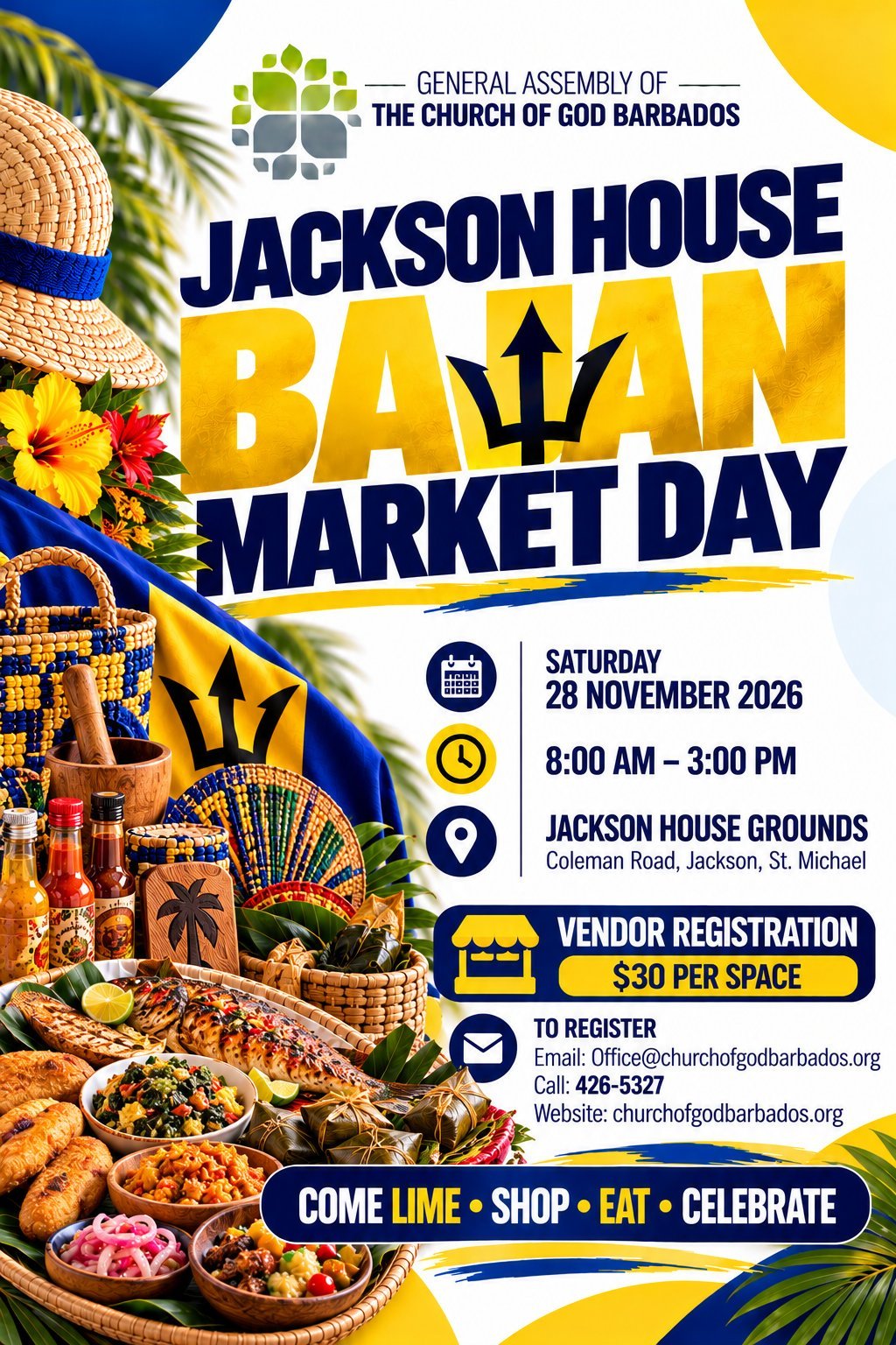Jackson House Banyan Market Day poster advertising event on Saturday 28 November 2026 from 8:00 AM to 3:00 PM at Jackson House Grounds, featuring vendor registration at $30 per space.