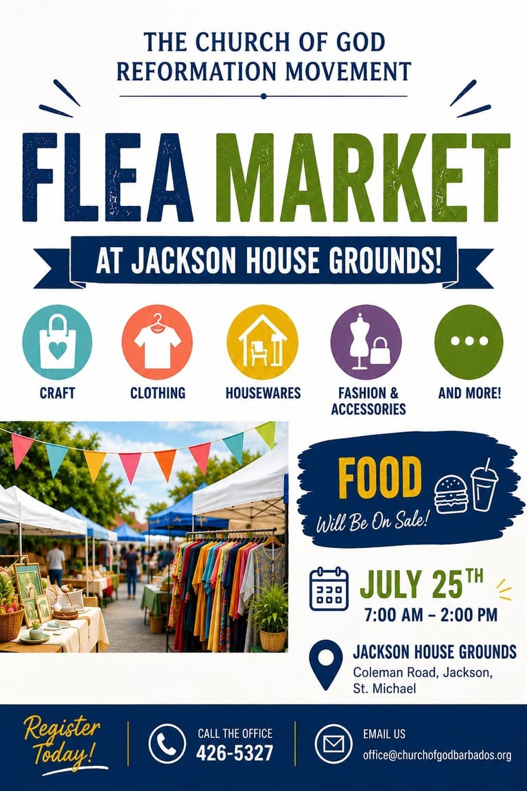 Flea market flyer for The Church of God Reformation Movement at Jackson House Grounds on July 25th, featuring craft, clothing, housewares, and food sales.