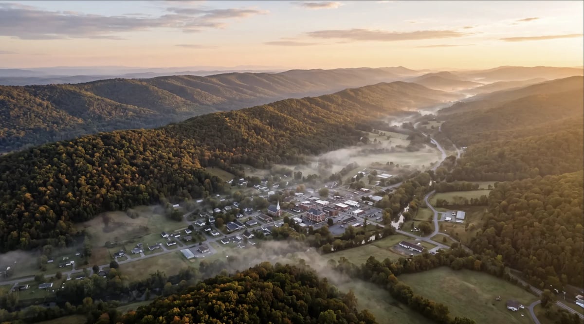 Aerial view of a river valley town nestled among forested hills at sunrise with morning mist
