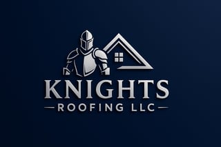 Knights Roofing LLC logo featuring a knight in armor with a triangular roof icon on a dark blue background