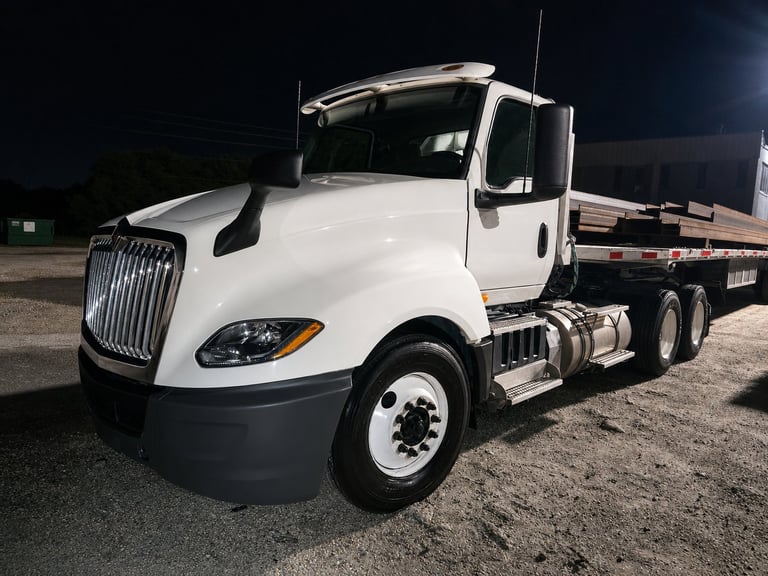 White International semi-truck with flatbed trailer parked at night in industrial lot