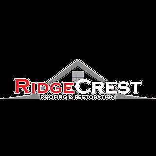 RidgeCrest Roofing and Restoration company logo featuring a red text name with a gray house roof icon