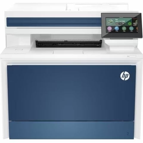 HP Color LaserJet Enterprise printer with blue and white design and touchscreen display panel