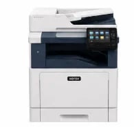 Xerox multifunction office printer with white and dark blue exterior, scanner top, and touchscreen display panel