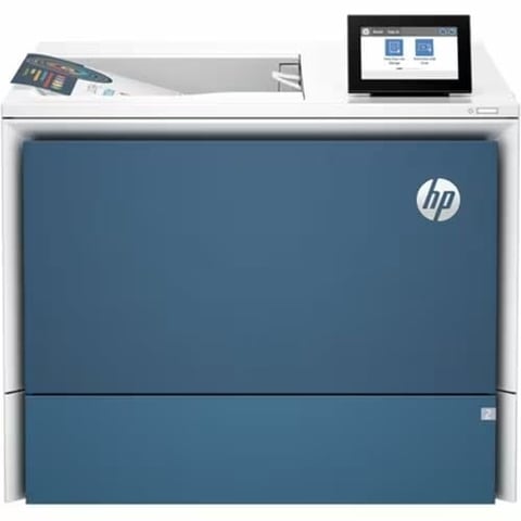 HP color laser printer with touchscreen display panel on top and blue front panel