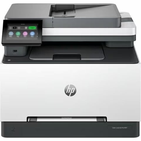 HP Color LaserJet Pro multifunction printer with touchscreen display and automatic document feeder
