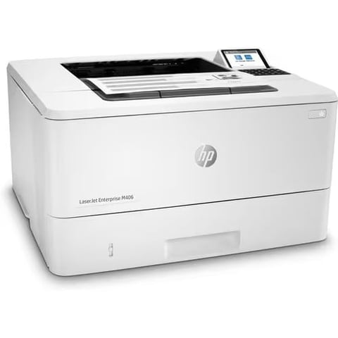 HP LaserJet Enterprise M406 white office printer with touchscreen control panel on top
