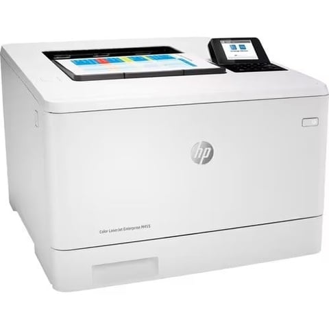HP white color laser printer with touchscreen control panel on top