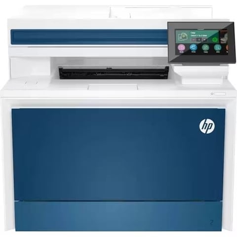 HP Color LaserJet Enterprise printer with blue and white exterior, control panel on top, and paper input tray visible.