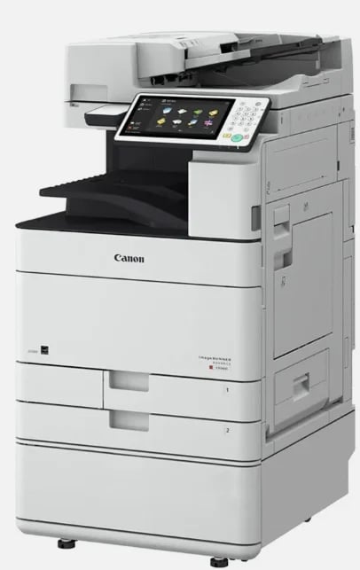 Canon multifunction printer with touchscreen display, output tray, and paper feeder on white background