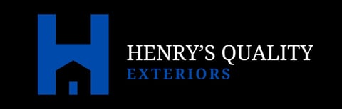 Henry's Quality Exteriors logo featuring blue H-shaped house icon with text on black background