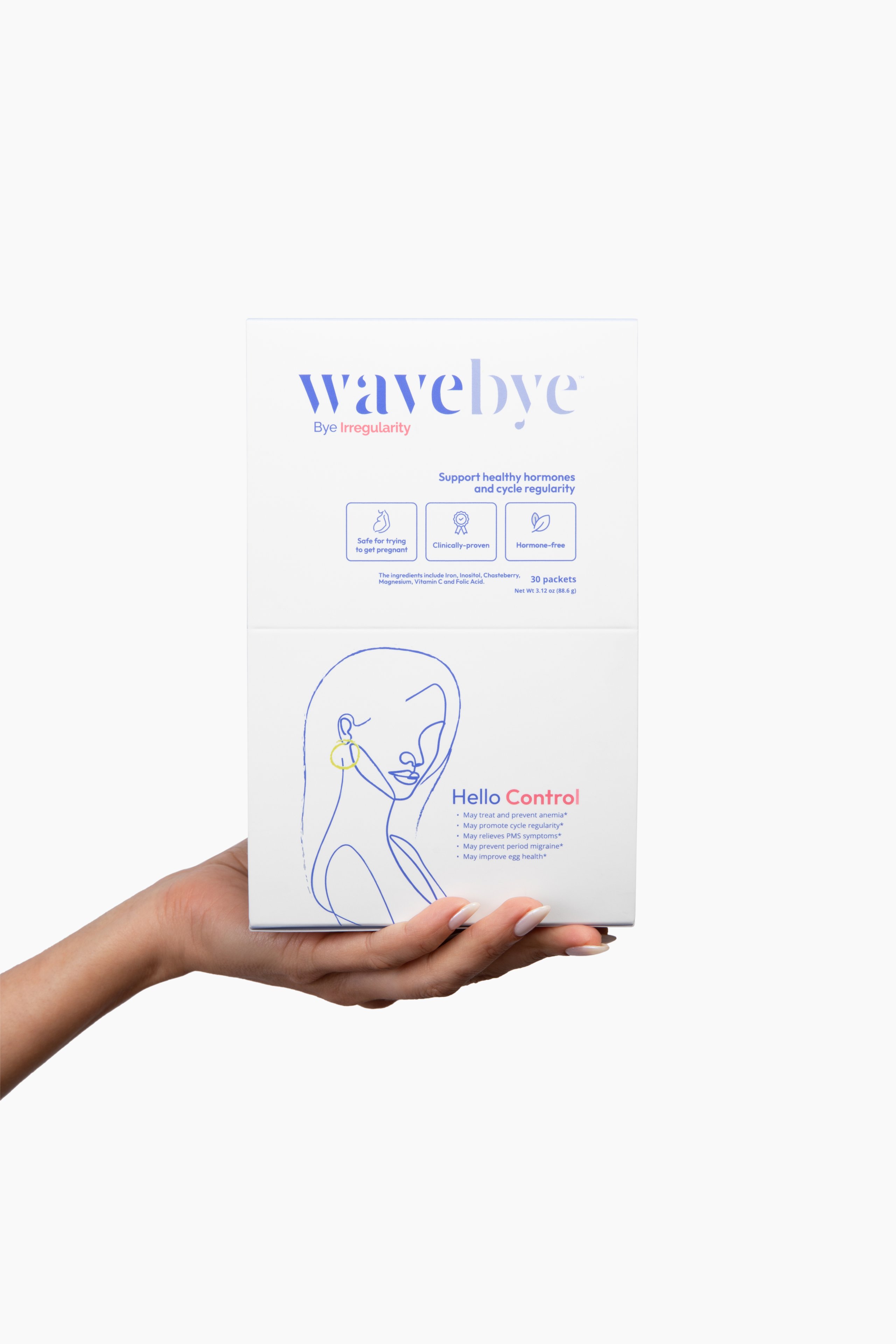 Hand holding Wavebye product box with tagline Bye Irregularity, featuring blue and pink design elements.