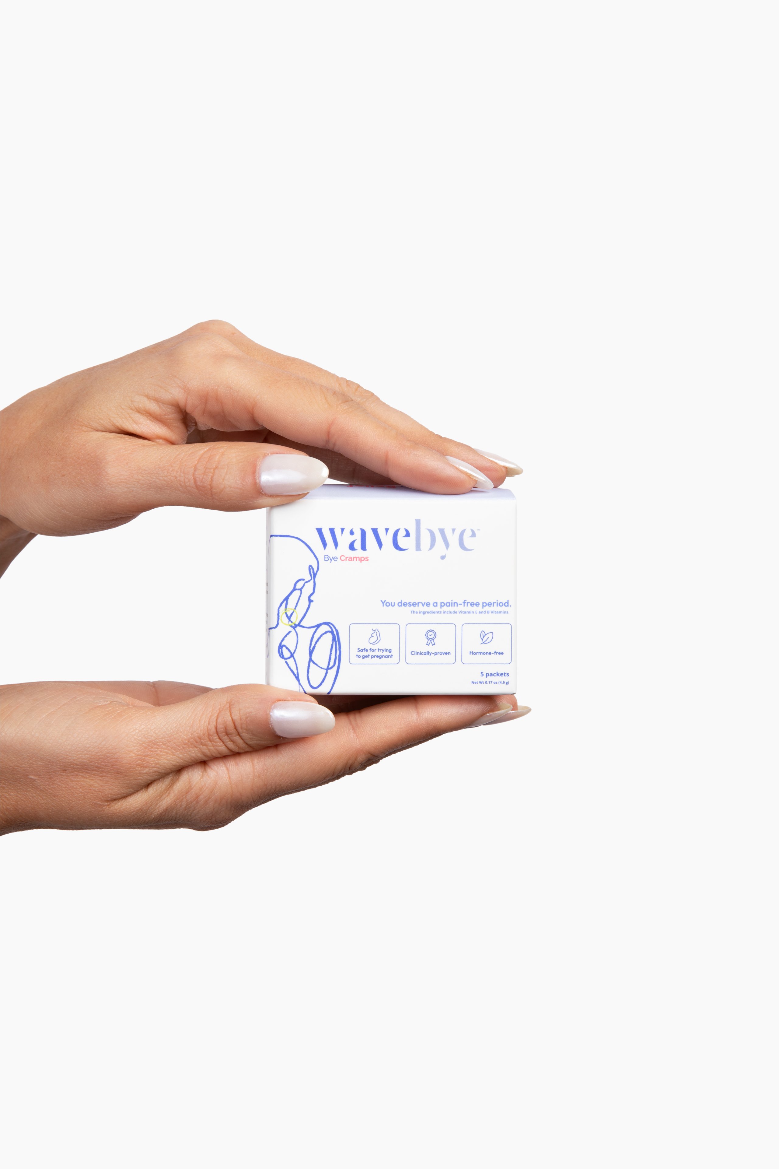Two hands holding a white Wavebye product box with blue text and icons against a light background.