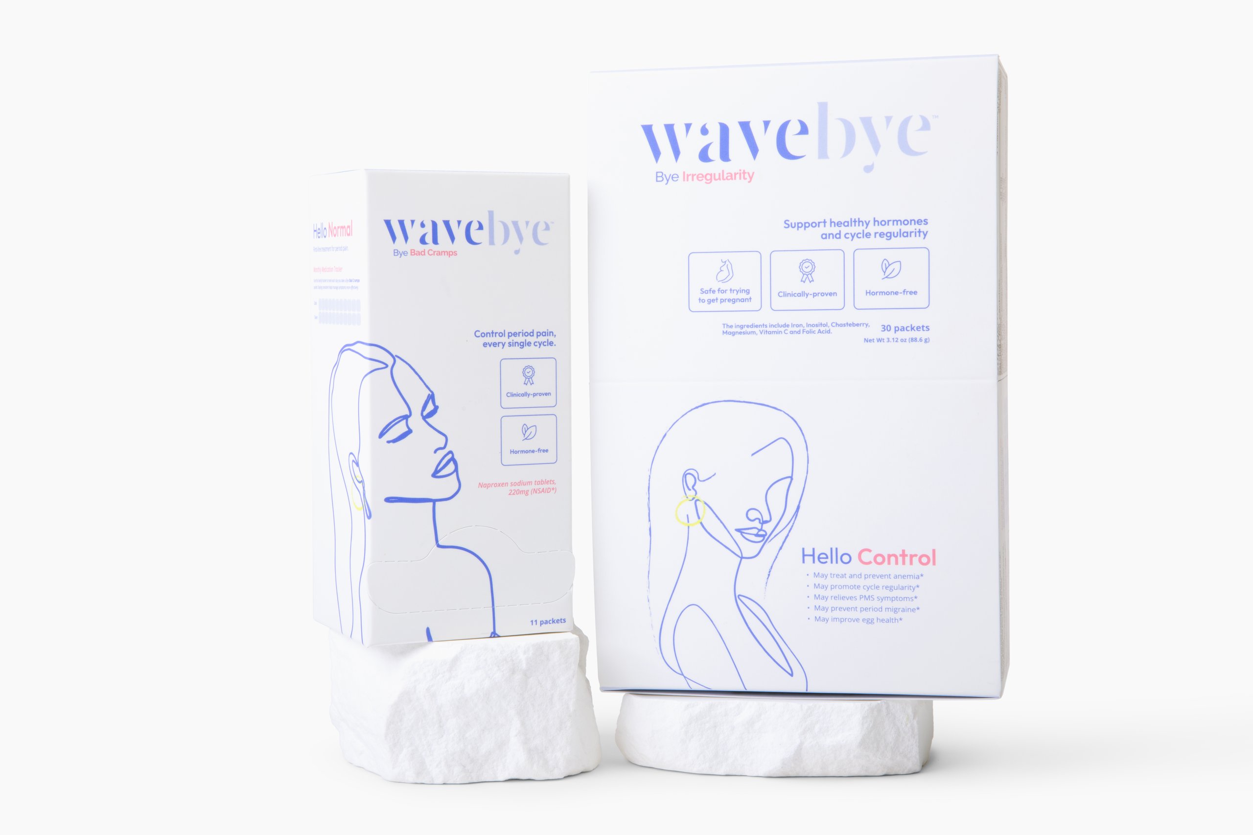 Wavebye Bye Irregularity box — 30 packets for cycle regularity, displayed on a white marble base
