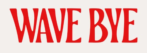 Wave Bye logo — red WAVE BYE wordmark with glitchy cyan and pink digital effects on light background